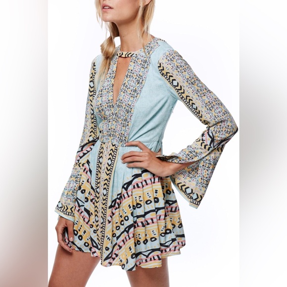 Free People Dresses & Skirts - Free People Blue Tegan Border Printed Mini Dress